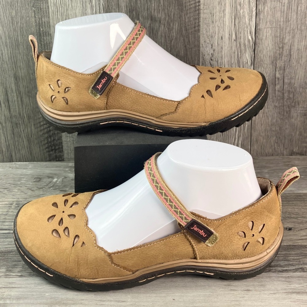 Jambu Brooks Tan Leather Floral Laser Cut Mary Jane Flats All Terra Size 7M